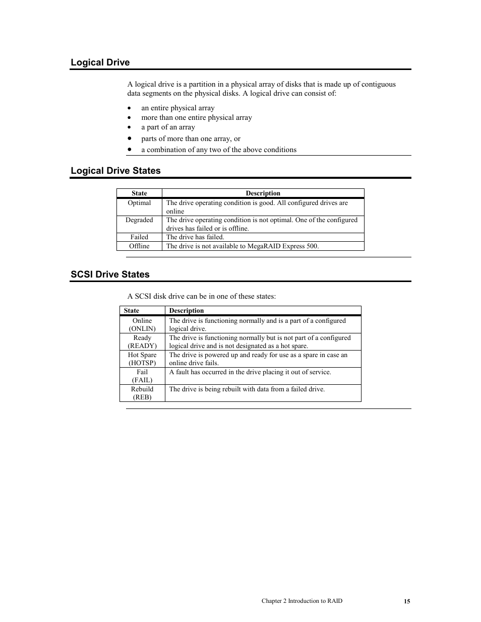 Logical drive, Logical drive states, Scsi drive states | Age 15, Ge 15 | LSI MegaRAID Express 500 User Manual | Page 29 / 148