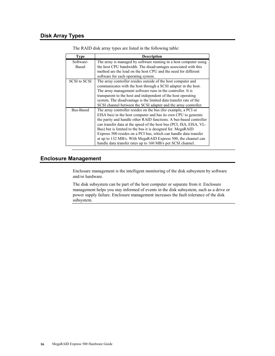 Disk array types, Enclosure management, Disk array types enclosure management | Age 16 | LSI MegaRAID Express 500 User Manual | Page 30 / 148