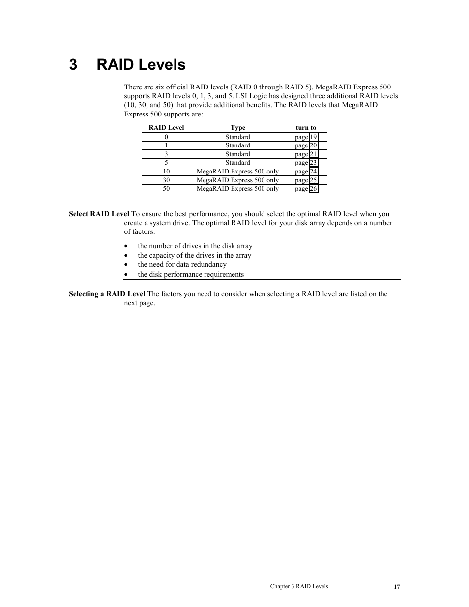 3 raid levels, Raid levels, 3raid levels | LSI MegaRAID Express 500 User Manual | Page 31 / 148