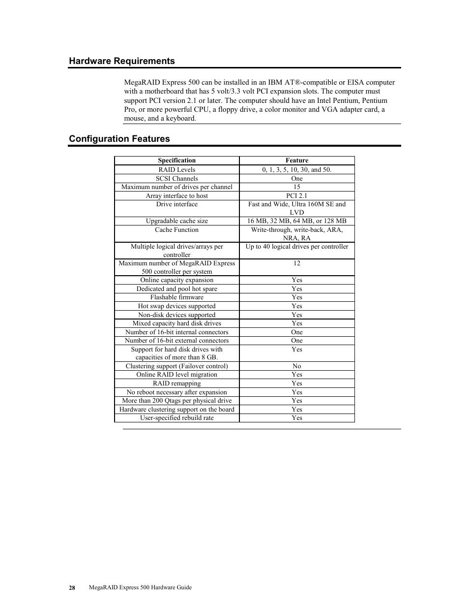 Hardware requirements, Configuration features, Hardware requirements configuration features | LSI MegaRAID Express 500 User Manual | Page 42 / 148