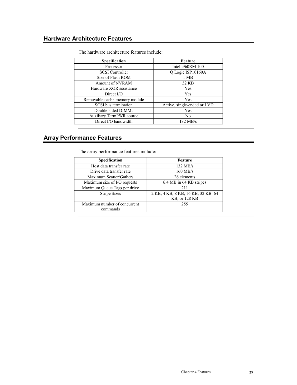 Hardware architecture features, Array performance features | LSI MegaRAID Express 500 User Manual | Page 43 / 148