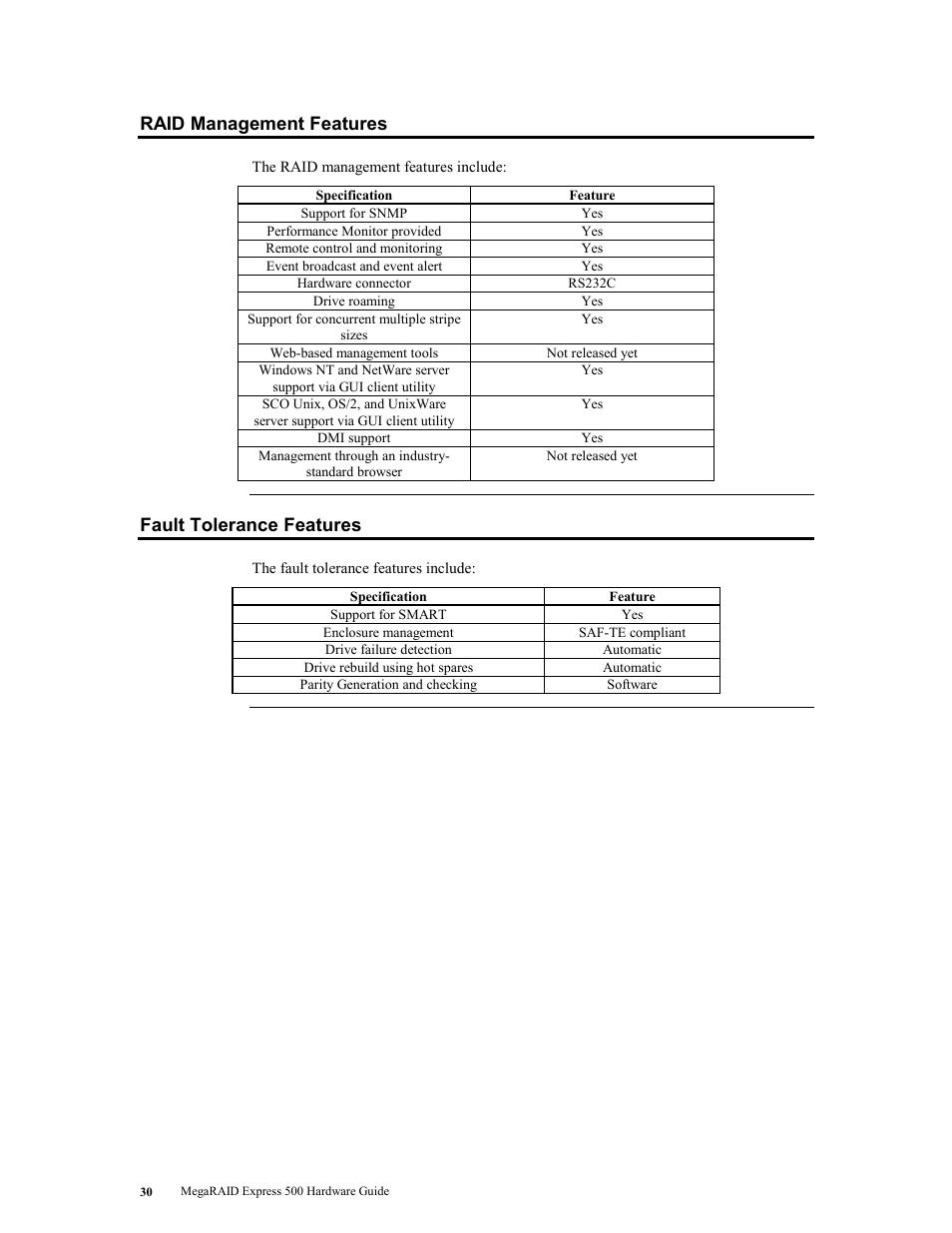 Raid management features, Fault tolerance features, Raid management features fault tolerance features | LSI MegaRAID Express 500 User Manual | Page 44 / 148