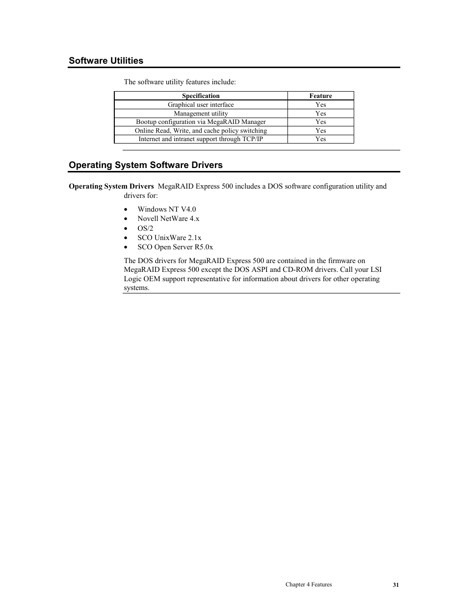 Software utilities, Operating system software drivers | LSI MegaRAID Express 500 User Manual | Page 45 / 148