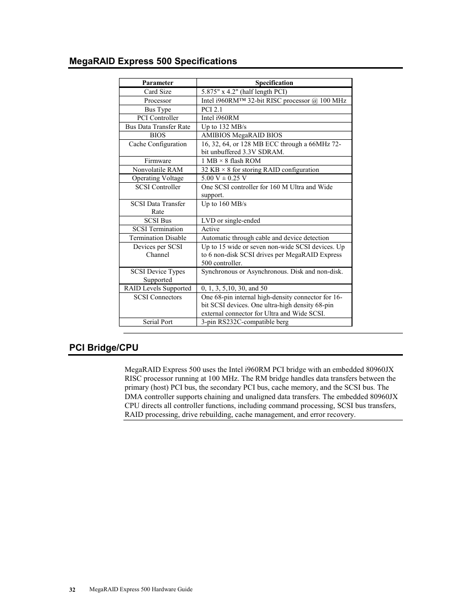 Megaraid express 500 specifications, Pci bridge/cpu, Megaraid express 500 specifications pci bridge/cpu | LSI MegaRAID Express 500 User Manual | Page 46 / 148