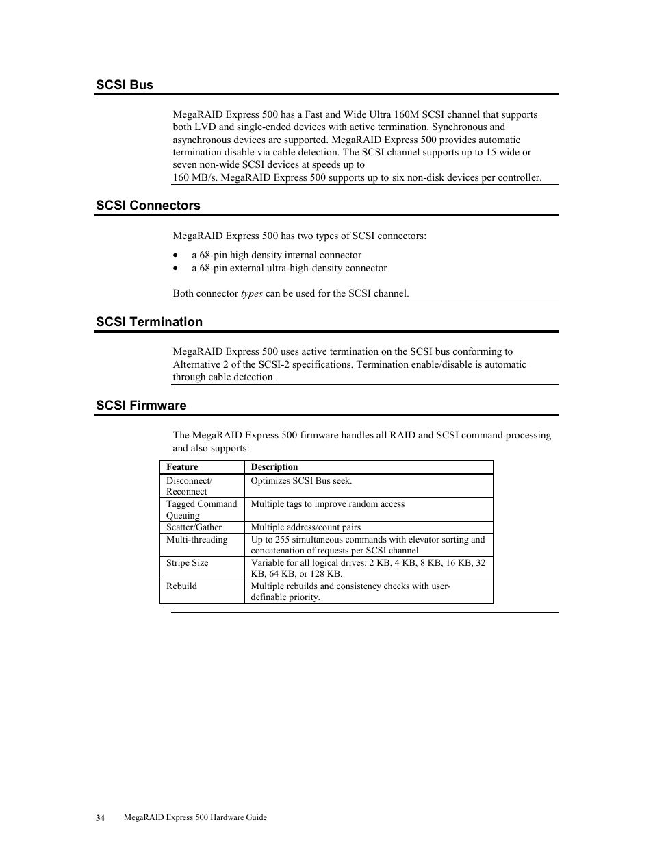 Scsi bus, Scsi connectors, Scsi termination | Scsi firmware | LSI MegaRAID Express 500 User Manual | Page 48 / 148