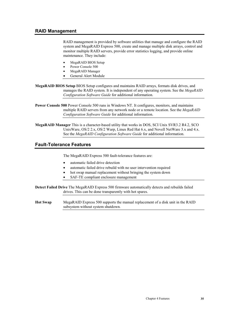 Raid management, Fault-tolerance features, Raid management fault-tolerance features | LSI MegaRAID Express 500 User Manual | Page 49 / 148