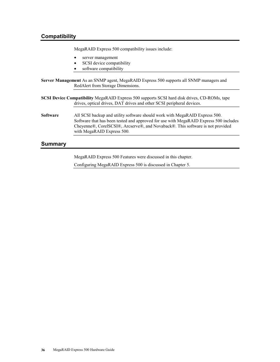 Compatibility, Summary, Compatibility summary | LSI MegaRAID Express 500 User Manual | Page 50 / 148