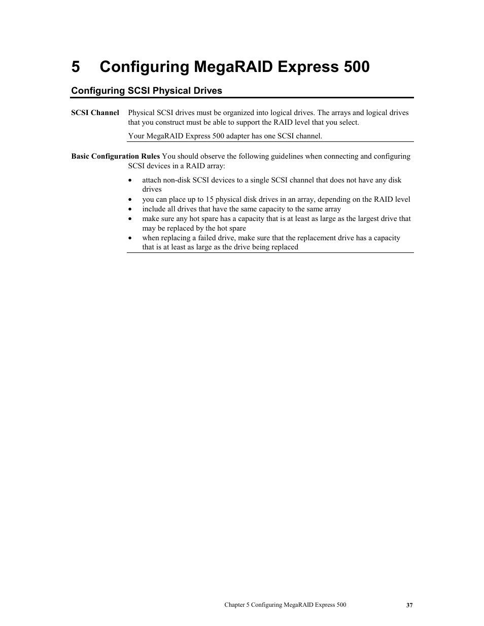 5 configuring megaraid express 500, Configuring scsi physical drives, Configuring megaraid express 500 | 5configuring megaraid express 500 | LSI MegaRAID Express 500 User Manual | Page 51 / 148