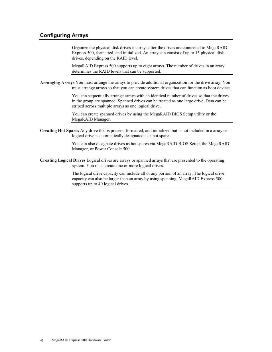 Configuring arrays | LSI MegaRAID Express 500 User Manual | Page 56 / 148