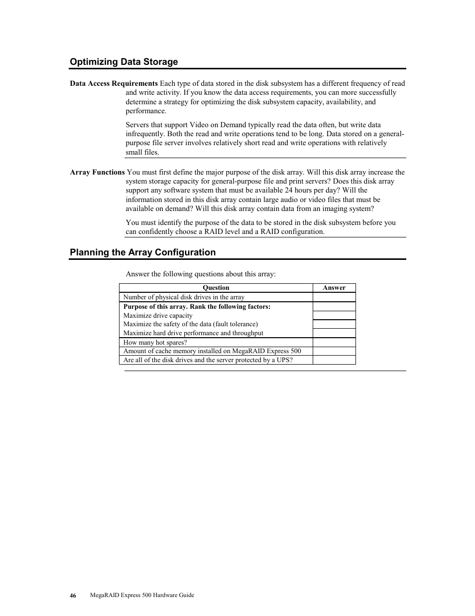 Optimizing data storage, Planning the array configuration | LSI MegaRAID Express 500 User Manual | Page 60 / 148