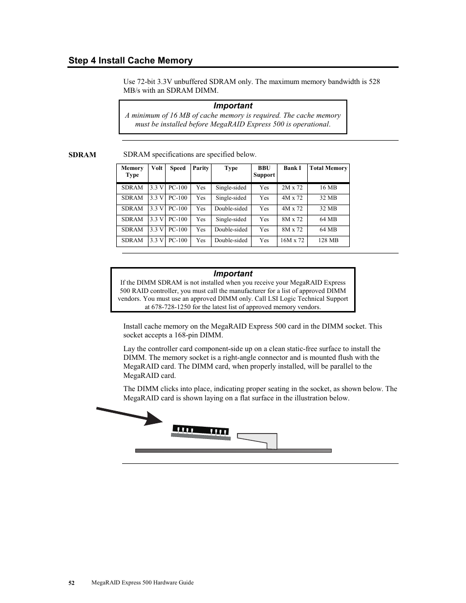 Step 4 install cache memory, Important | LSI MegaRAID Express 500 User Manual | Page 66 / 148