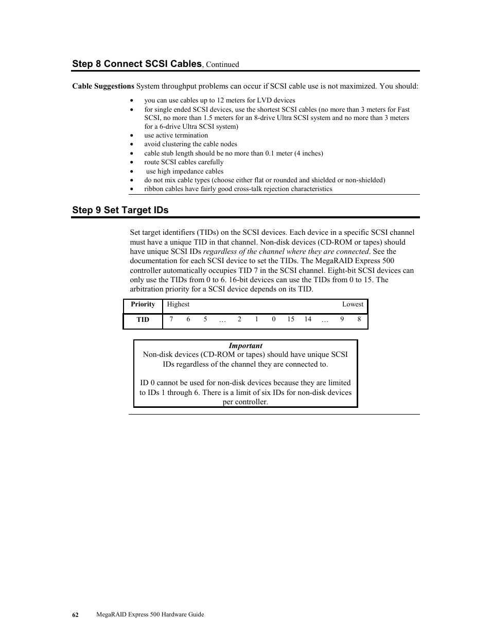 Step 9 set target ids, Step 8 connect scsi cables | LSI MegaRAID Express 500 User Manual | Page 76 / 148