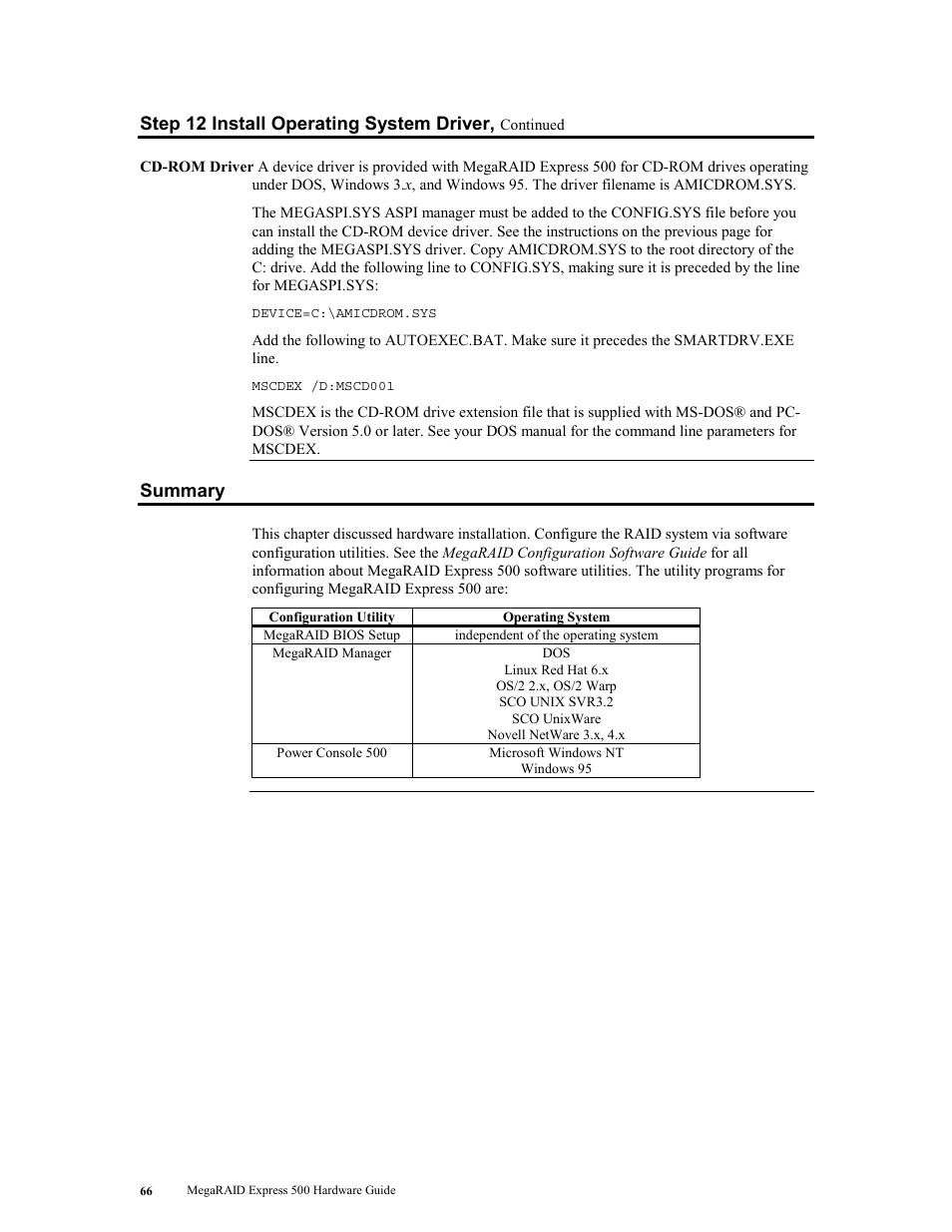 Summary, Step 12 install operating system driver | LSI MegaRAID Express 500 User Manual | Page 80 / 148