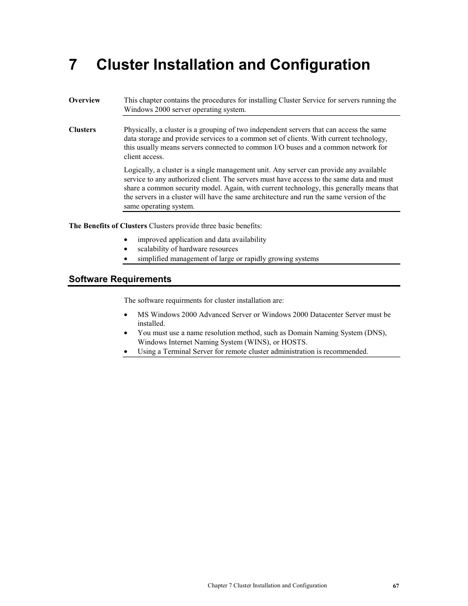 7 cluster installation and configuration, Software requirements, Cluster installation and configuration 67 | LSI MegaRAID Express 500 User Manual | Page 81 / 148