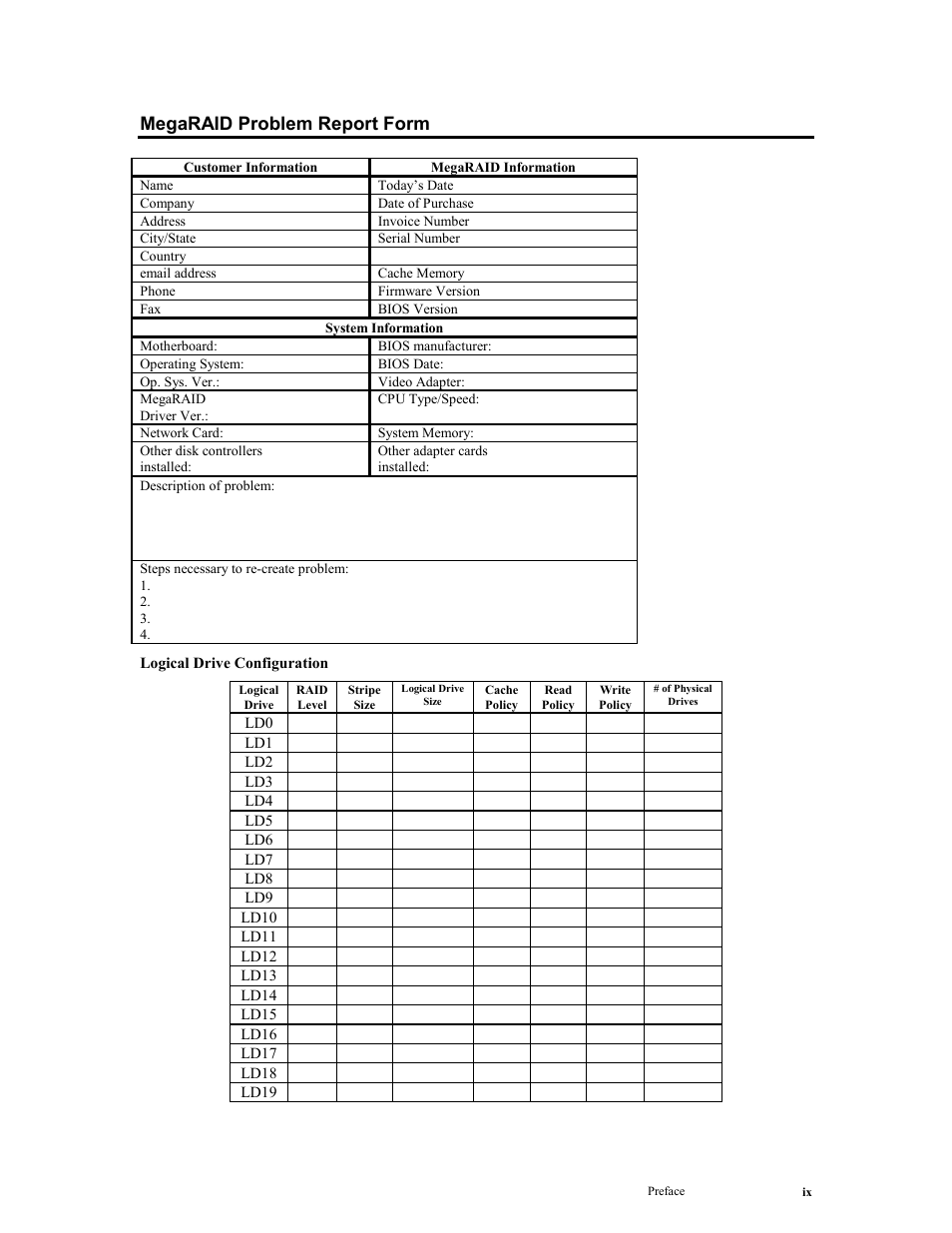 Megaraid problem report form | LSI MegaRAID Express 500 User Manual | Page 9 / 148