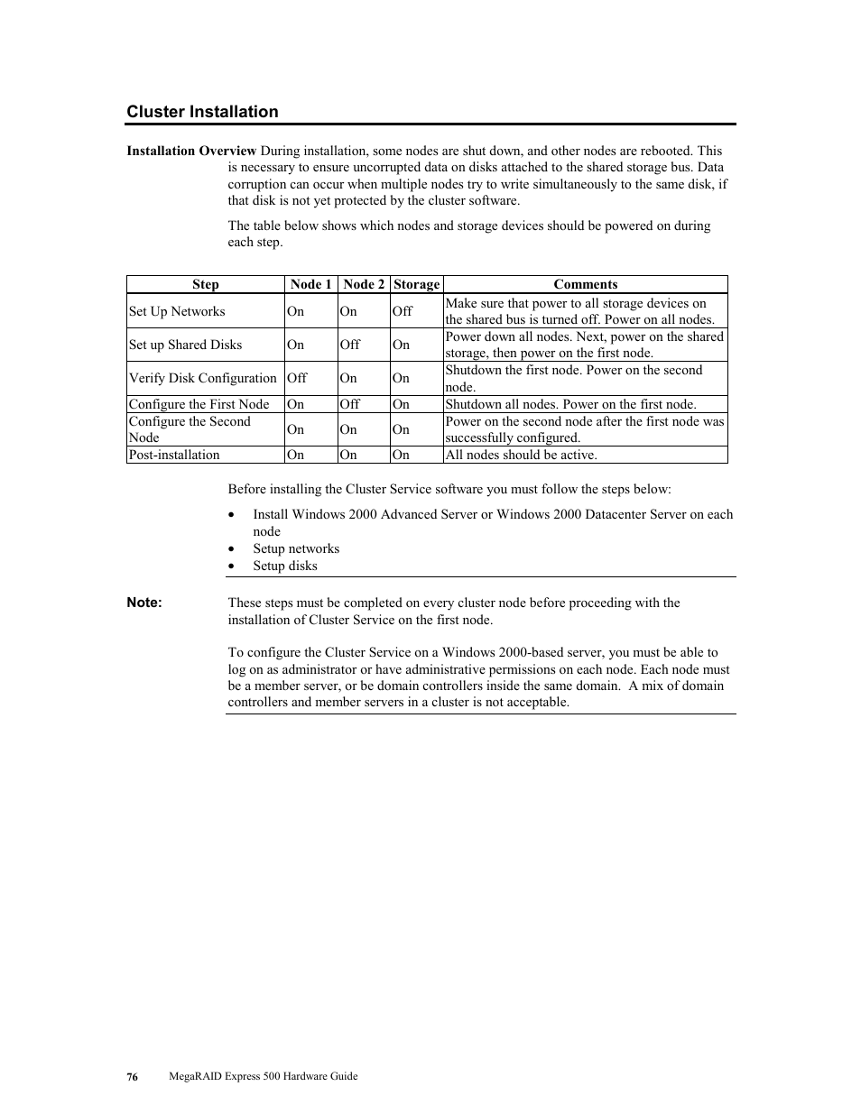 Cluster installation | LSI MegaRAID Express 500 User Manual | Page 90 / 148