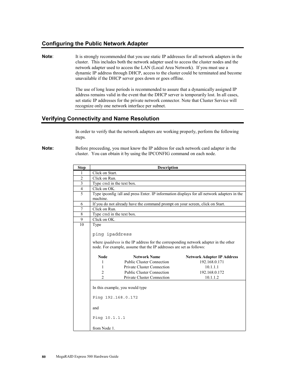 Configuring the public network adapter, Verifying connectivity and name resolution | LSI MegaRAID Express 500 User Manual | Page 94 / 148