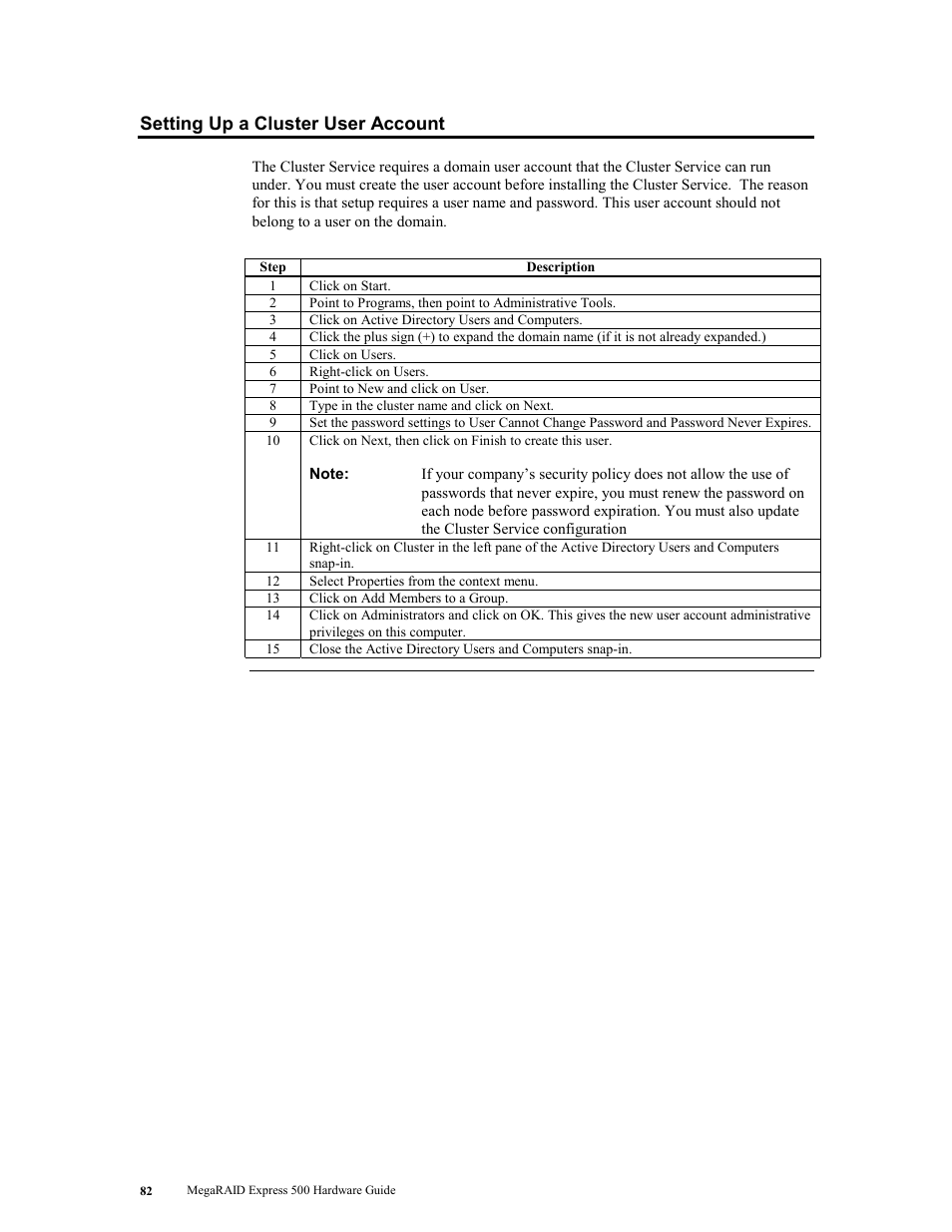 Setting up a cluster user account | LSI MegaRAID Express 500 User Manual | Page 96 / 148