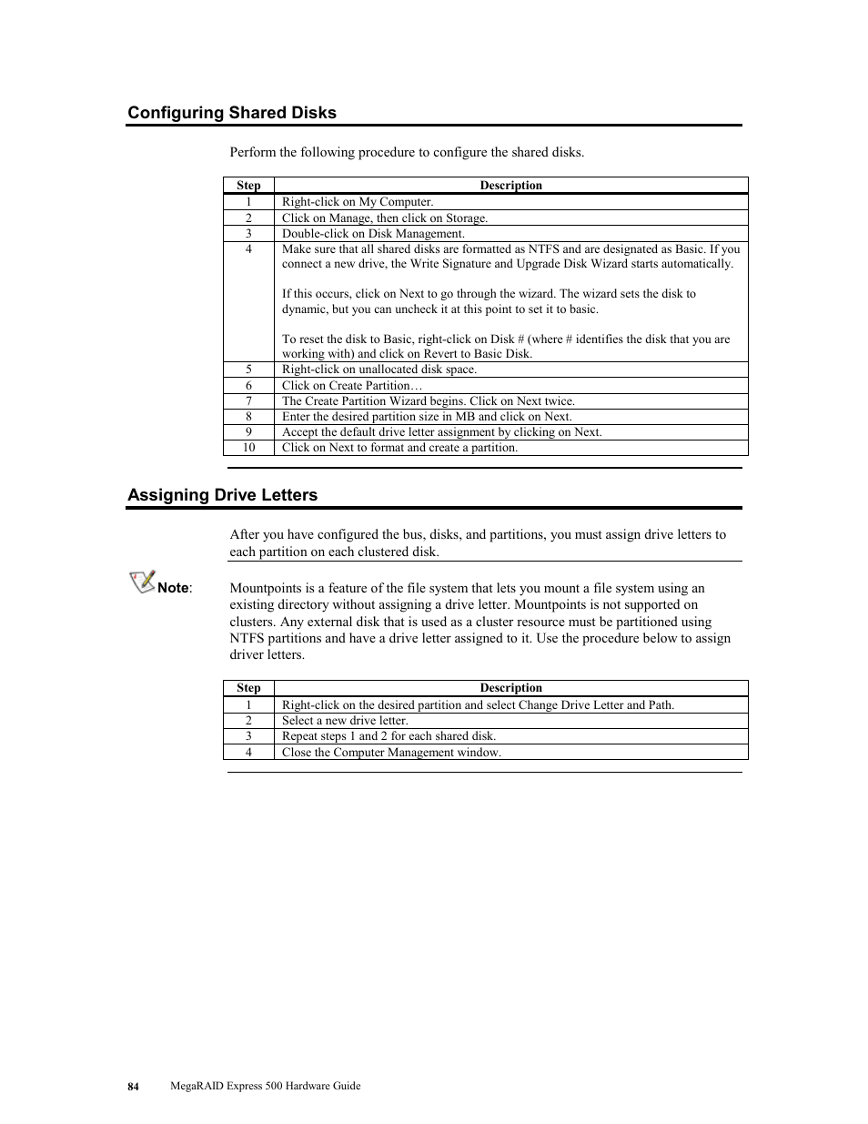 Configuring shared disks, Assigning drive letters, Configuring shared disks assigning drive letters | LSI MegaRAID Express 500 User Manual | Page 98 / 148