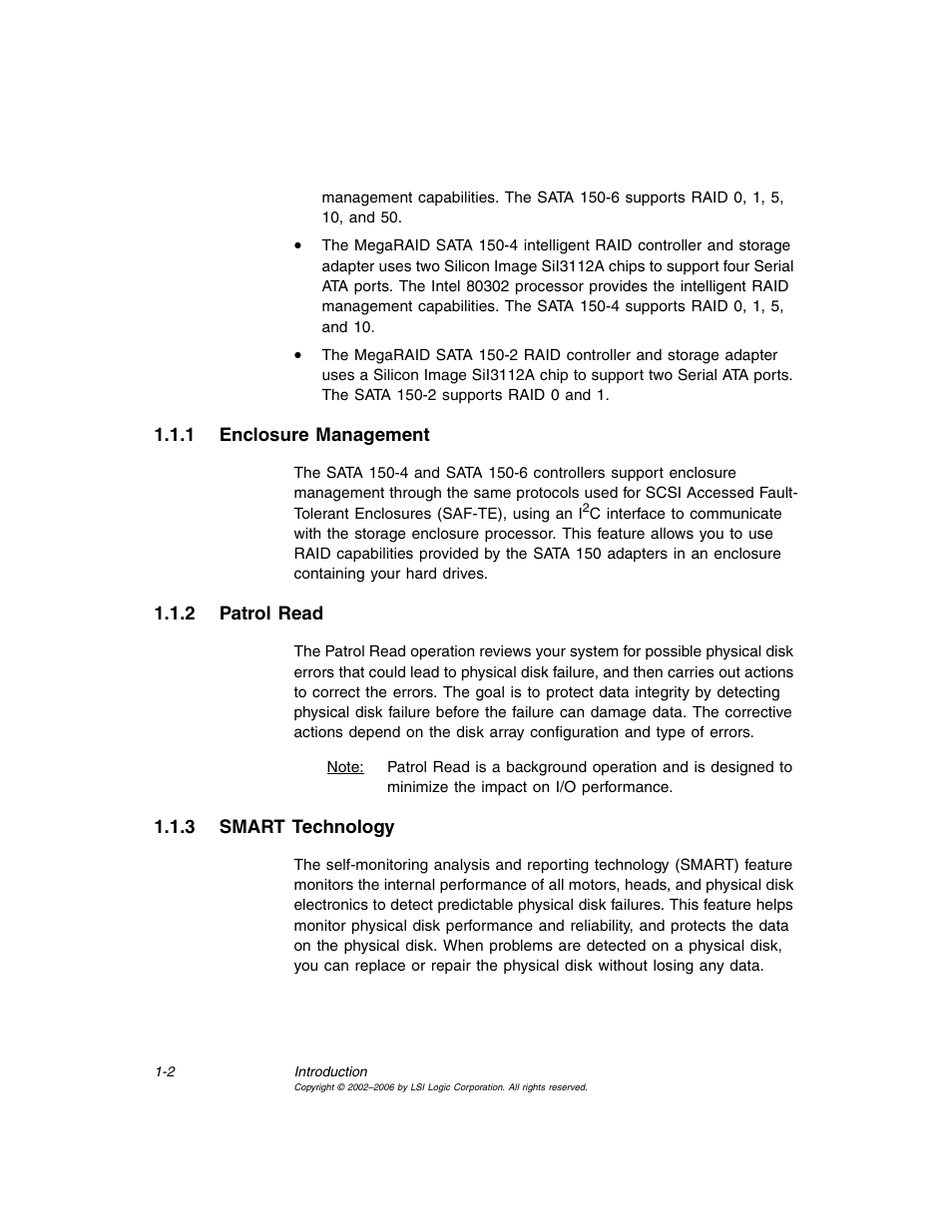 1 enclosure management, 2 patrol read, 3 smart technology | Enclosure management, Patrol read, Smart technology | LSI SATA 150 User Manual | Page 16 / 48