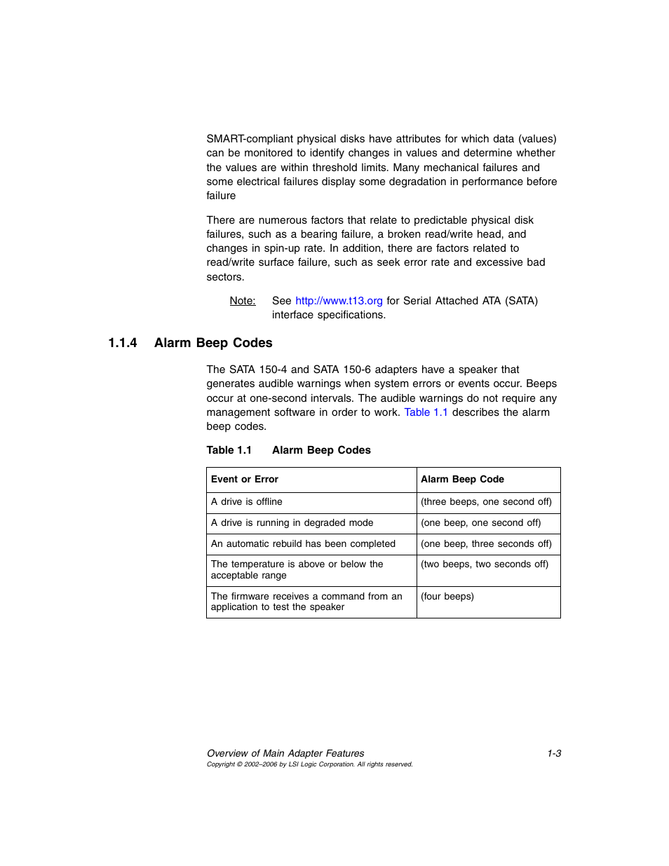 4 alarm beep codes, Alarm beep codes | LSI SATA 150 User Manual | Page 17 / 48