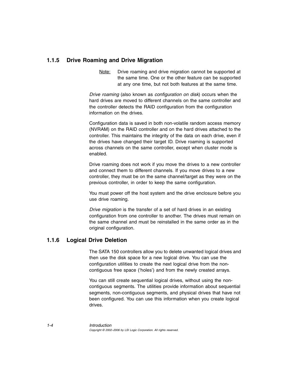 5 drive roaming and drive migration, 6 logical drive deletion, Drive roaming and drive migration | Logical drive deletion | LSI SATA 150 User Manual | Page 18 / 48