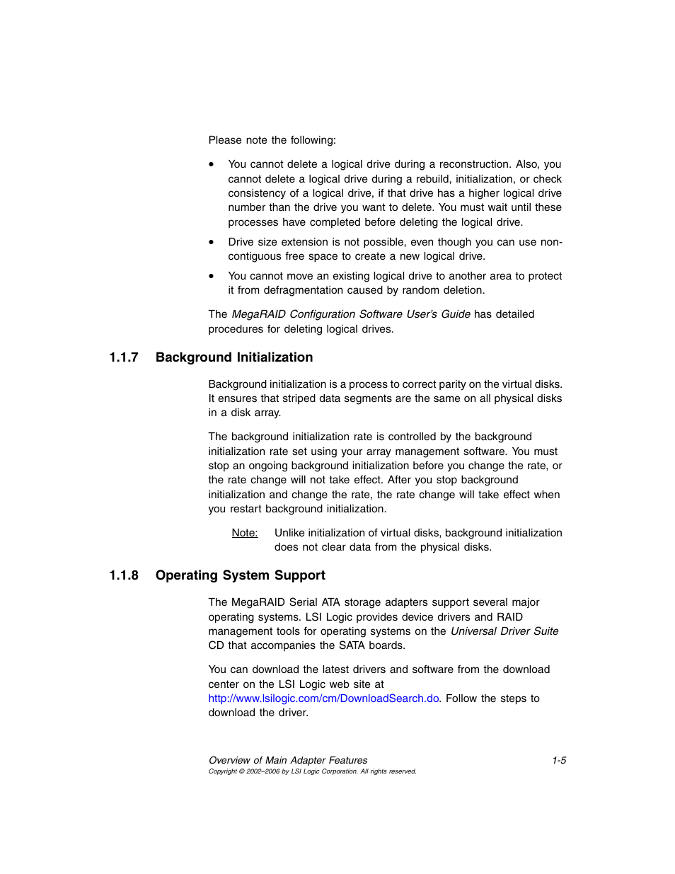 7 background initialization, 8 operating system support, Background initialization | Operating system support | LSI SATA 150 User Manual | Page 19 / 48