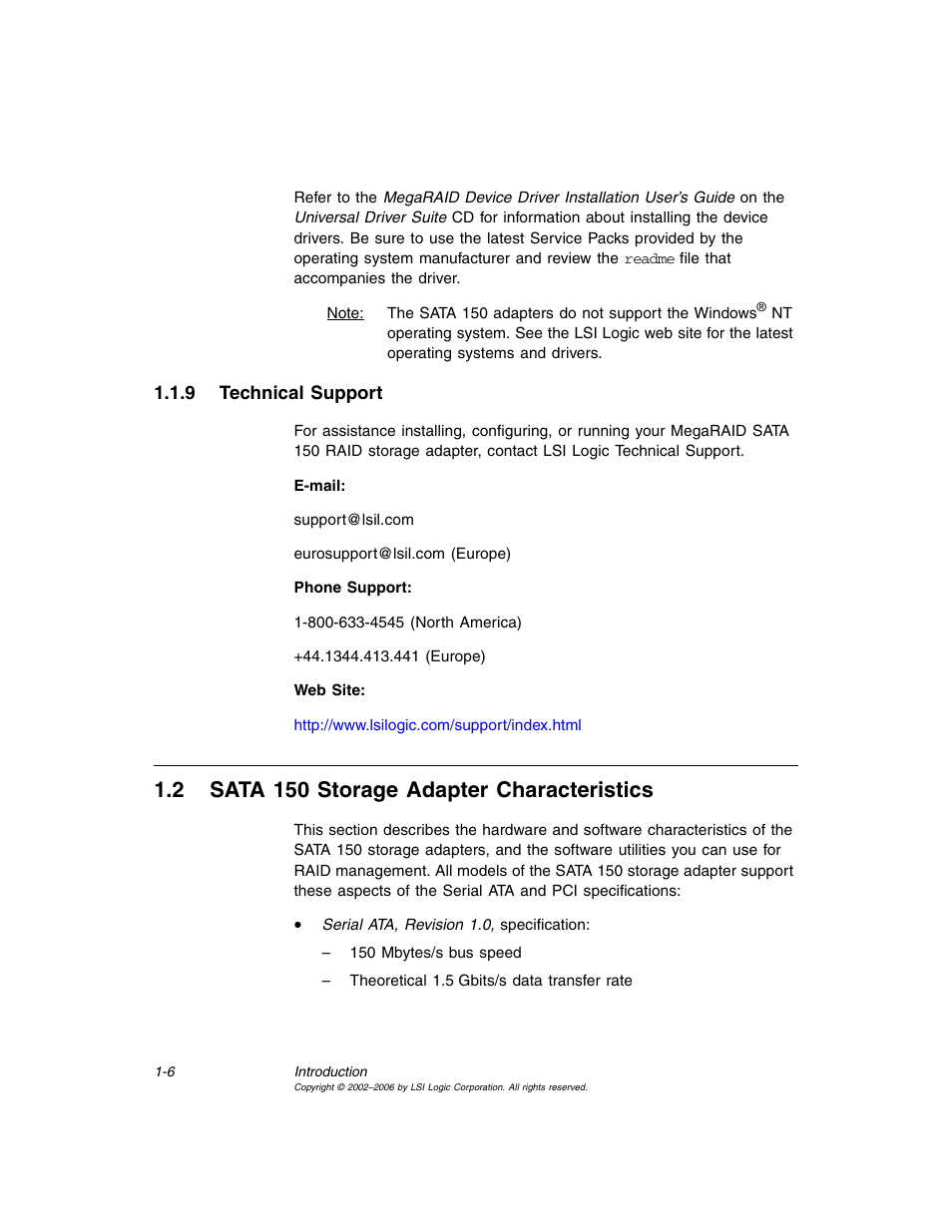 9 technical support, 2 sata 150 storage adapter characteristics, Technical support | Sata 150 storage adapter characteristics | LSI SATA 150 User Manual | Page 20 / 48