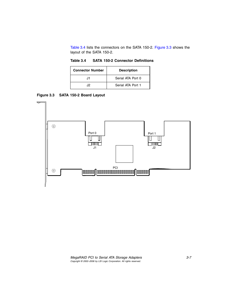 Sata 150-2 board layout, Sata 150-2 connector definitions | LSI SATA 150 User Manual | Page 37 / 48