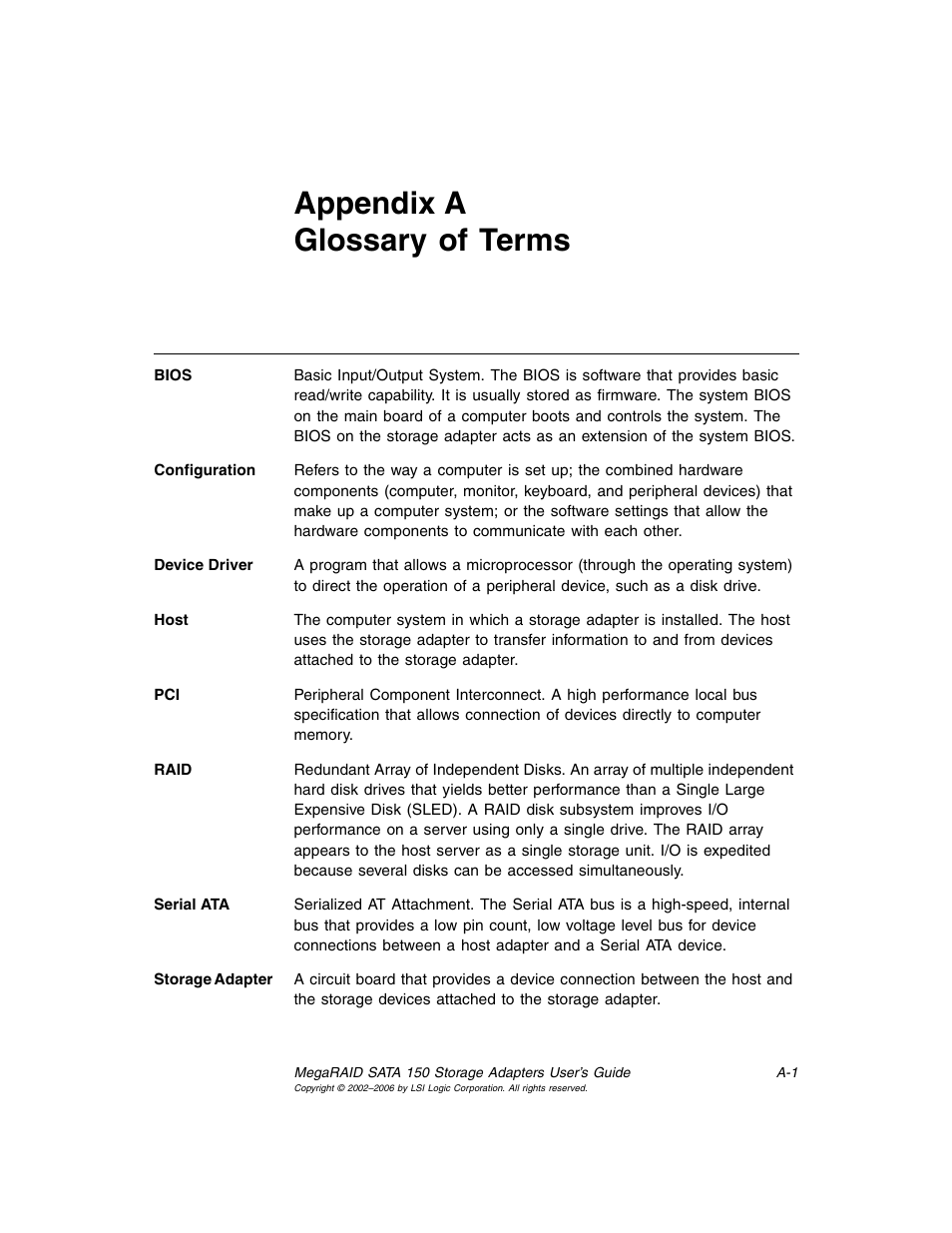 Appendix a glossary of terms, Appendix a, glossary of terms | LSI SATA 150 User Manual | Page 41 / 48