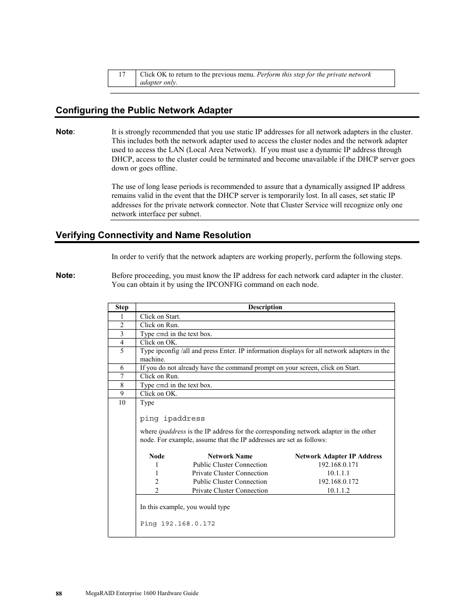 Configuring the public network adapter, Verifying connectivity and name resolution | LSI MegaRAID Enterprise 1600 User Manual | Page 102 / 154