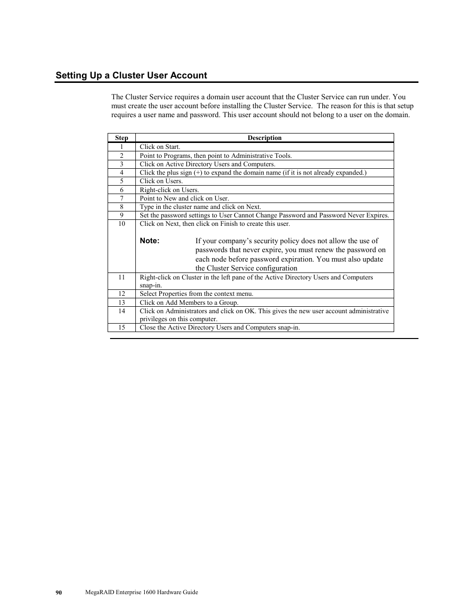 Setting up a cluster user account | LSI MegaRAID Enterprise 1600 User Manual | Page 104 / 154