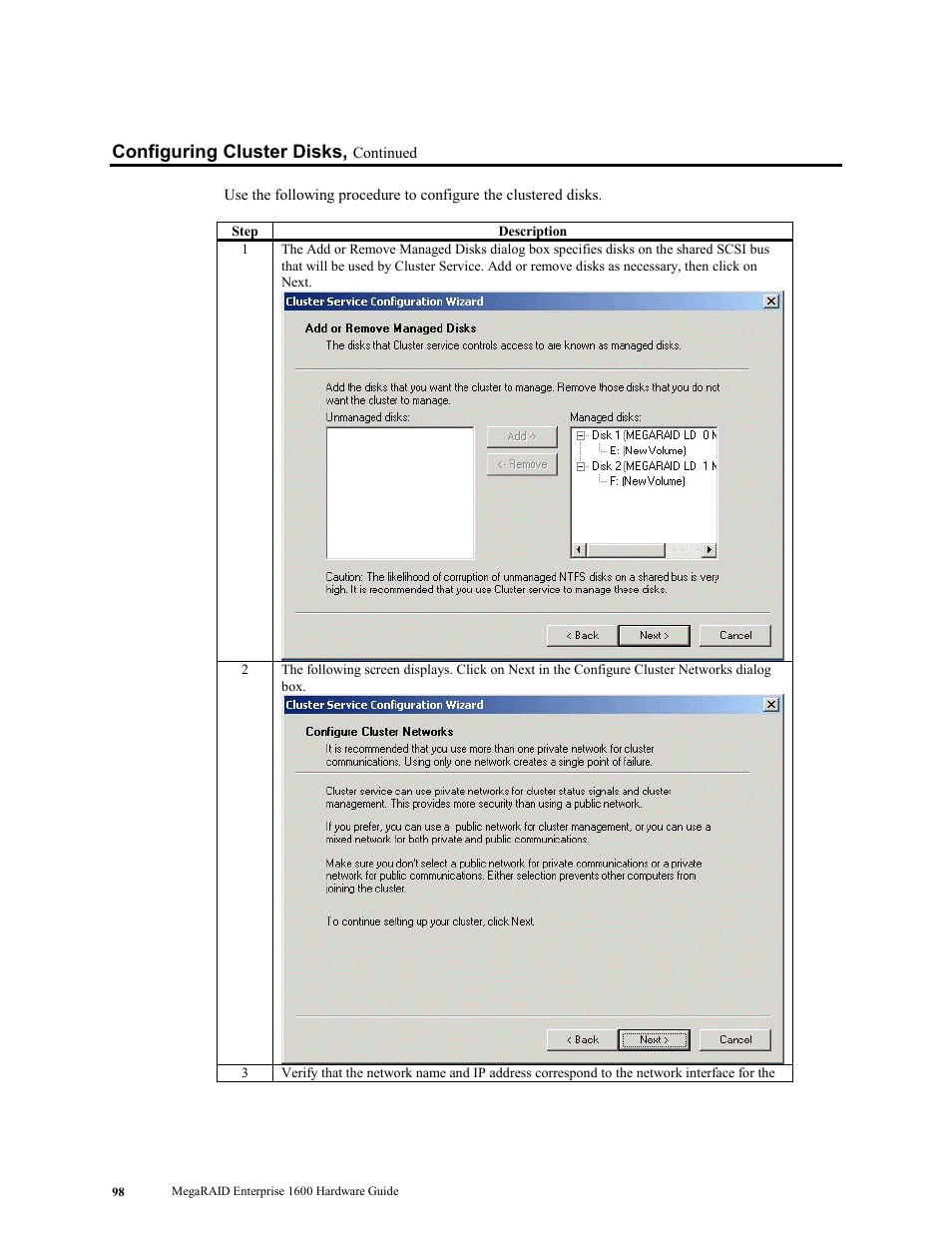 Configuring cluster disks | LSI MegaRAID Enterprise 1600 User Manual | Page 112 / 154