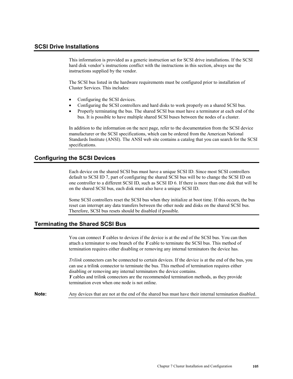 Scsi drive installations, Configuring the scsi devices, Terminating the shared scsi bus | LSI MegaRAID Enterprise 1600 User Manual | Page 119 / 154