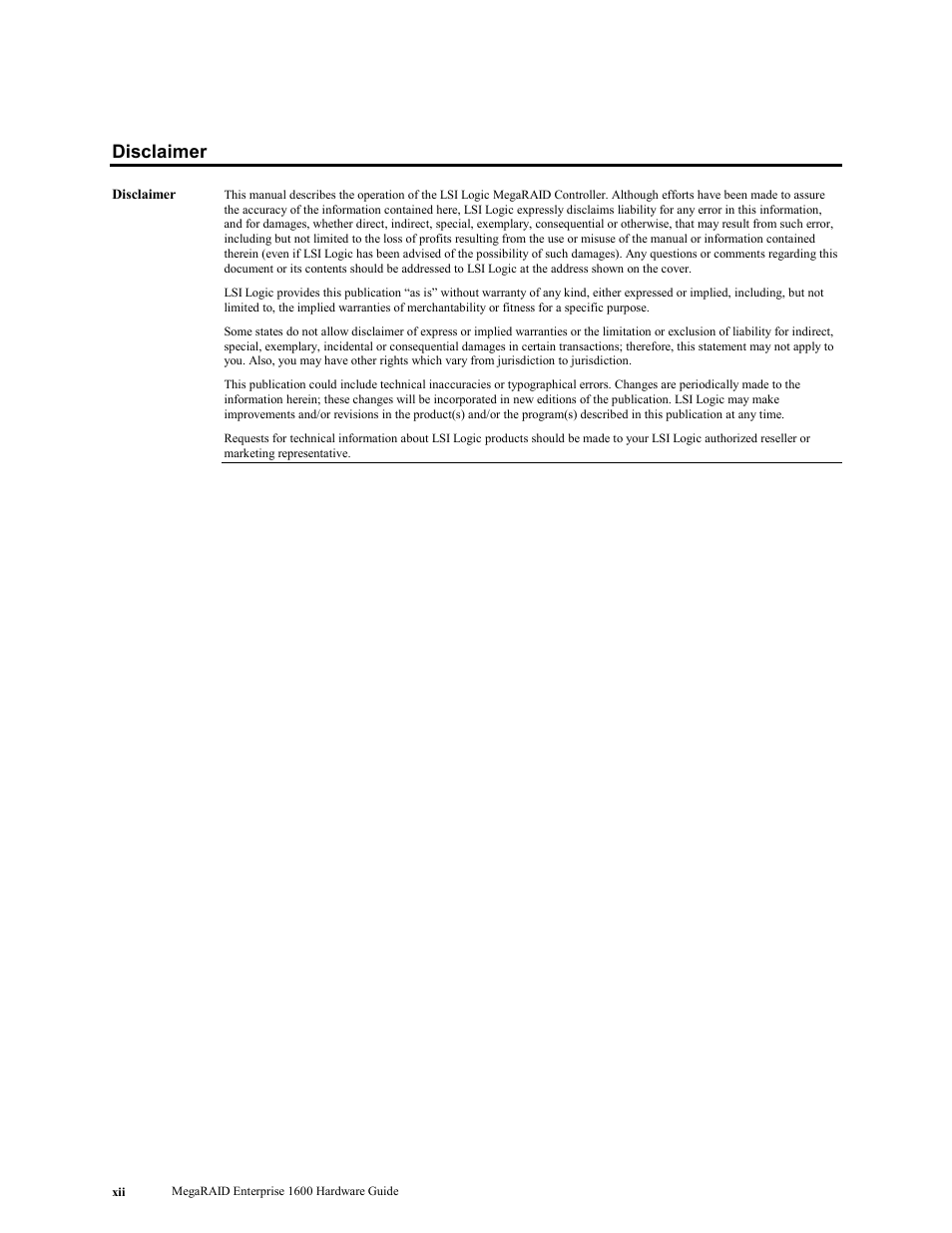 Disclaimer | LSI MegaRAID Enterprise 1600 User Manual | Page 12 / 154