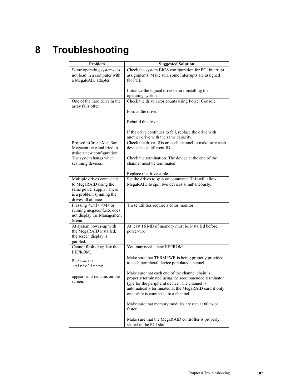 Troubleshooting, 8 troubleshooting | LSI MegaRAID Enterprise 1600 User Manual | Page 121 / 154