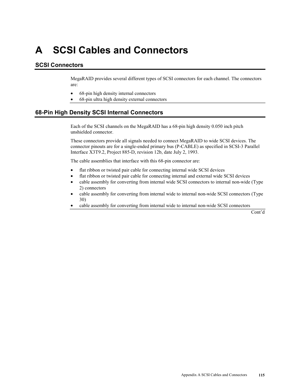 A scsi cables and connectors, Scsi connectors, Pin high density scsi internal connectors | Scsi cables and connectors | LSI MegaRAID Enterprise 1600 User Manual | Page 129 / 154