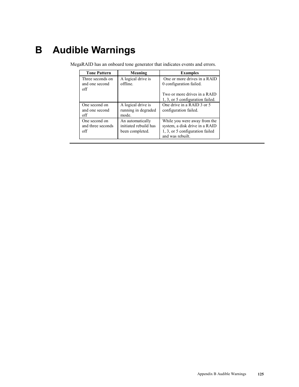 B audible warnings, B audible, Warnings | LSI MegaRAID Enterprise 1600 User Manual | Page 139 / 154