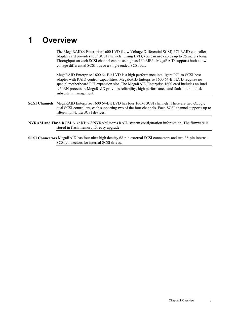 1 overview, Overview, 1overview | LSI MegaRAID Enterprise 1600 User Manual | Page 15 / 154