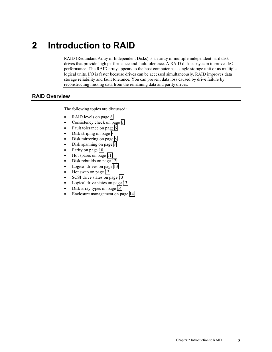 2 introduction to raid, Raid overview, Introduction to raid | 2introduction to raid | LSI MegaRAID Enterprise 1600 User Manual | Page 19 / 154