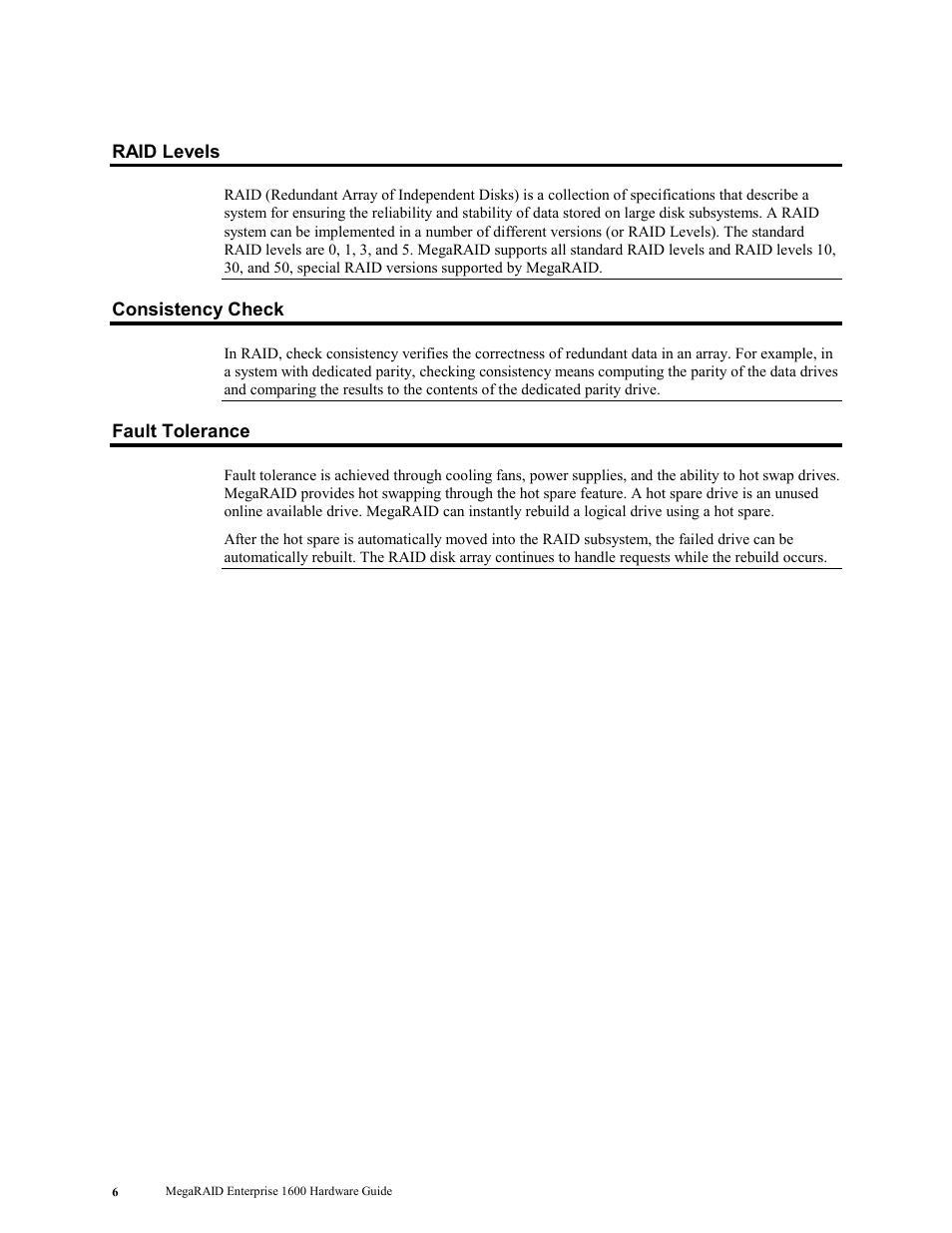 Raid levels, Consistency check, Fault tolerance | Raid levels consistency check fault tolerance | LSI MegaRAID Enterprise 1600 User Manual | Page 20 / 154