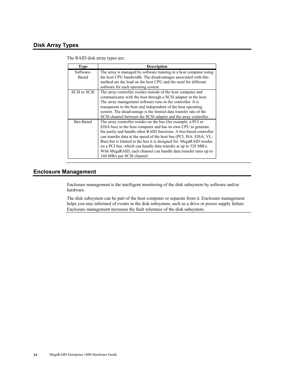 Disk array types, Enclosure management, Disk array types enclosure management | LSI MegaRAID Enterprise 1600 User Manual | Page 28 / 154