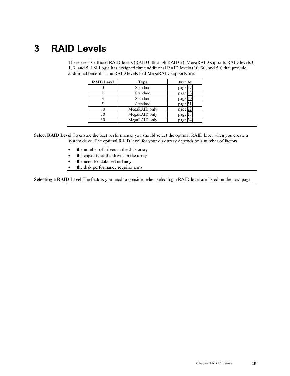 3 raid levels, Raid levels, 3raid levels | LSI MegaRAID Enterprise 1600 User Manual | Page 29 / 154