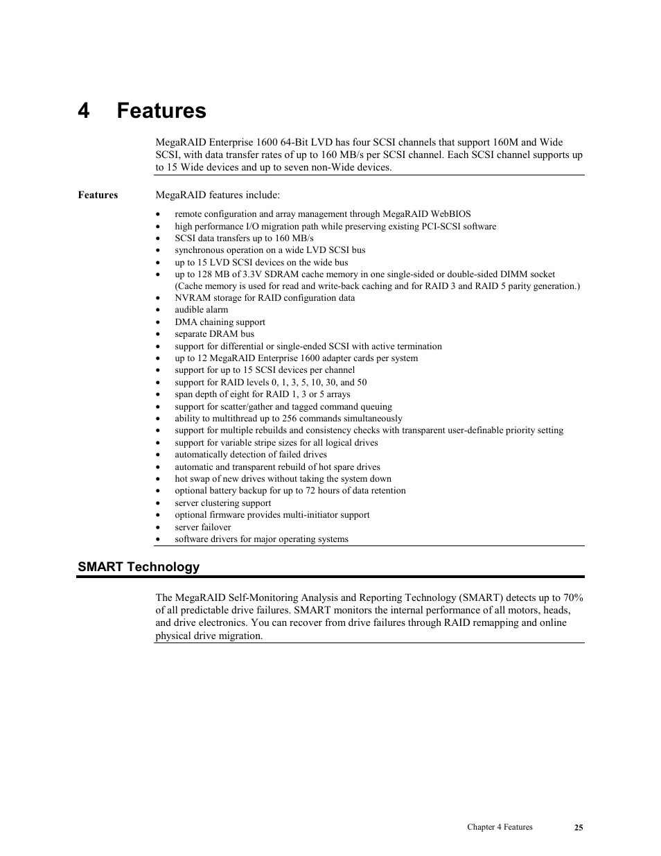 4 features, Smart technology, 4features | LSI MegaRAID Enterprise 1600 User Manual | Page 39 / 154