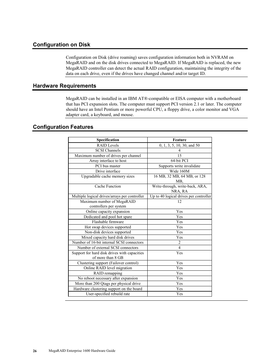 Configuration on disk, Hardware requirements, Configuration features | LSI MegaRAID Enterprise 1600 User Manual | Page 40 / 154