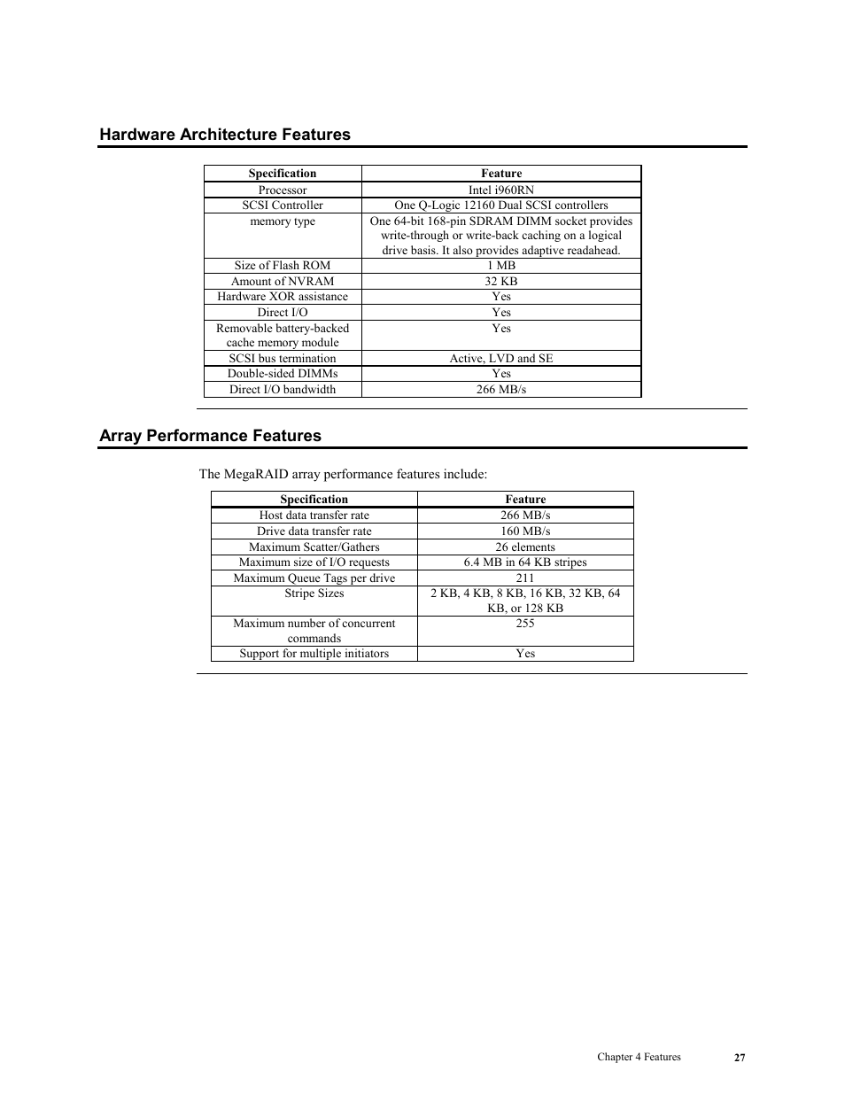 Hardware architecture features, Array performance features | LSI MegaRAID Enterprise 1600 User Manual | Page 41 / 154