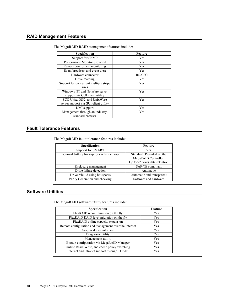 Raid management features, Fault tolerance features, Software utilities | LSI MegaRAID Enterprise 1600 User Manual | Page 42 / 154