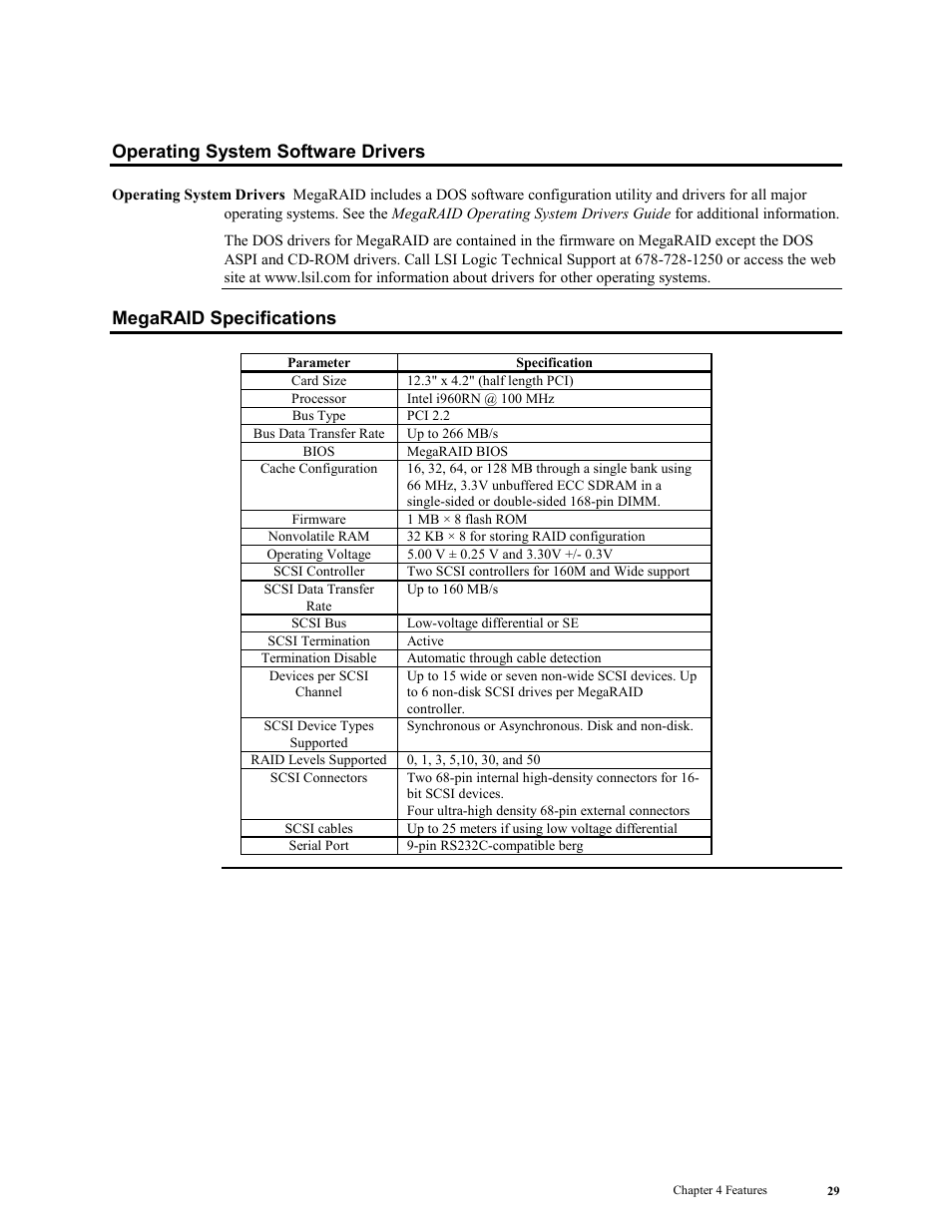 Operating system software drivers, Megaraid specifications | LSI MegaRAID Enterprise 1600 User Manual | Page 43 / 154