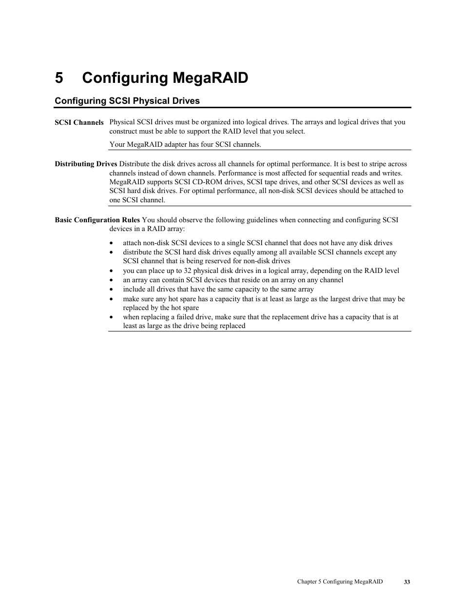 5 configuring megaraid, Configuring scsi physical drives, Configuring megaraid | 5configuring megaraid | LSI MegaRAID Enterprise 1600 User Manual | Page 47 / 154