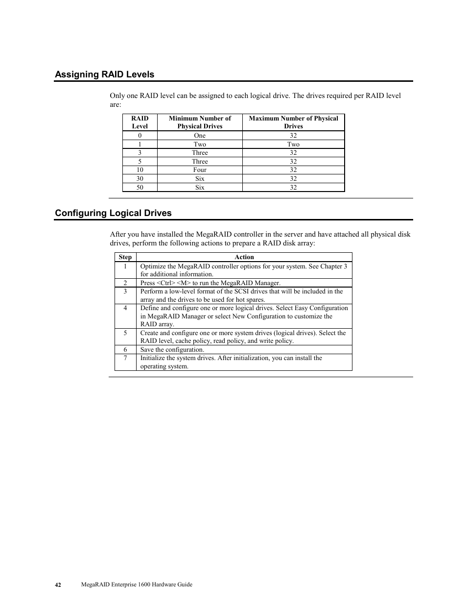 Assigning raid levels, Configuring logical drives, Assigning raid levels configuring logical drives | LSI MegaRAID Enterprise 1600 User Manual | Page 56 / 154